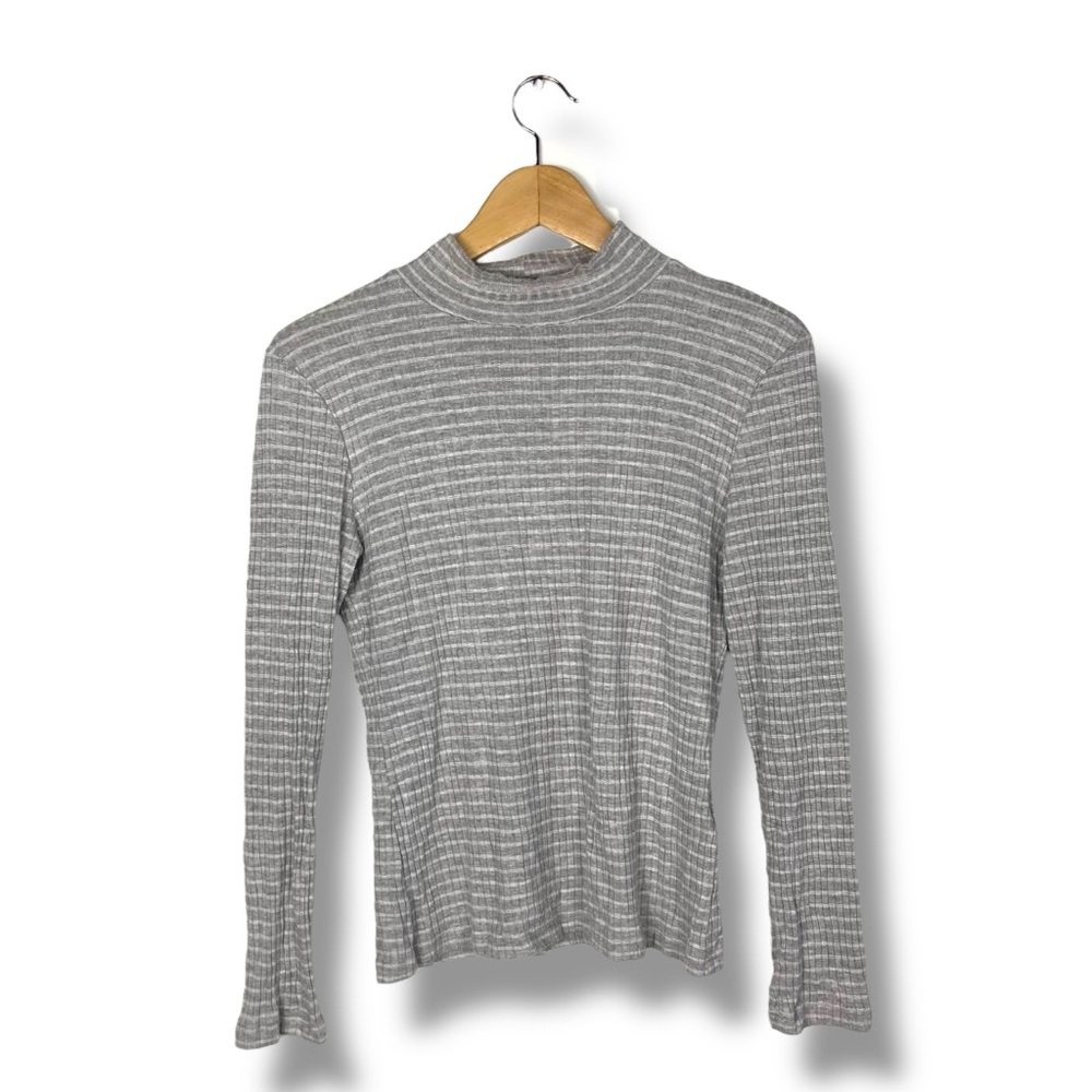 FRAME 70's Turtleneck in Gray White Multi Striped Top Medium Made In USA Ribbed - Picture 4 of 8